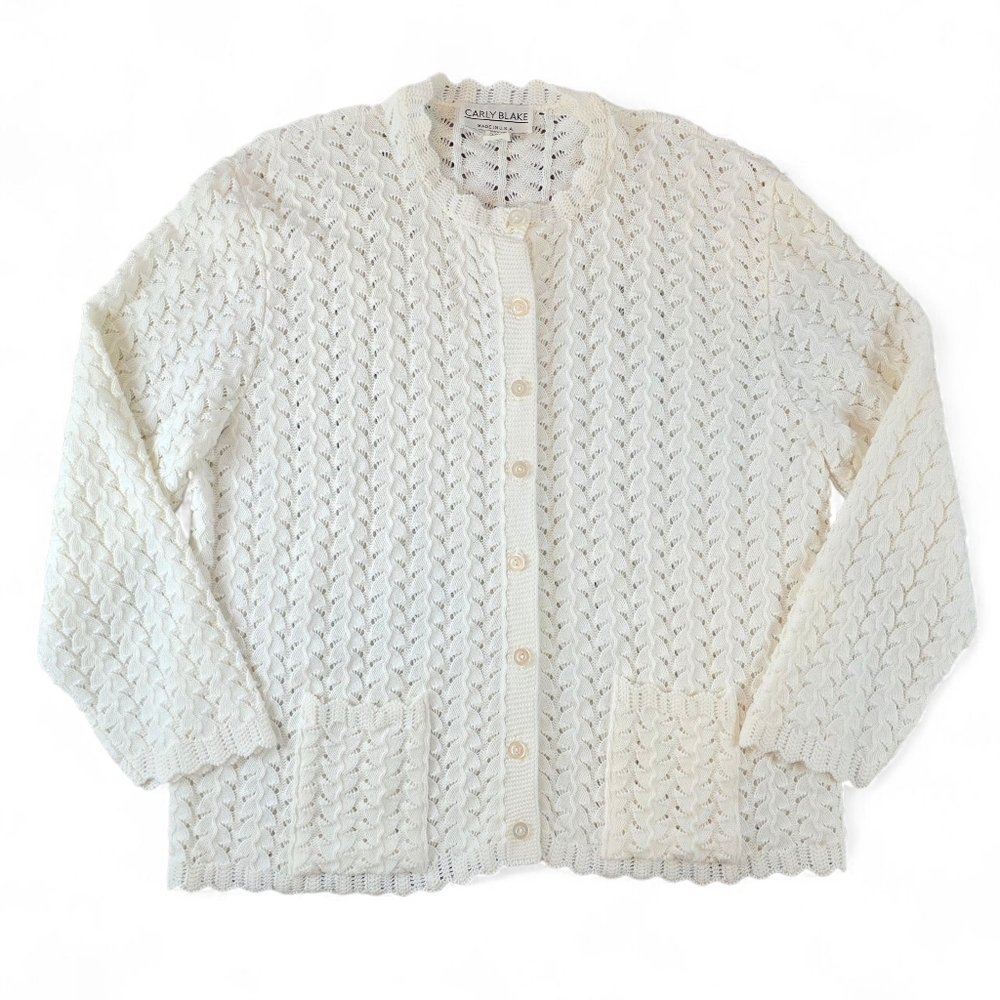 Carly Blake White Open Knit Cardigan Sweater Women’s 1X USA Made Vintage